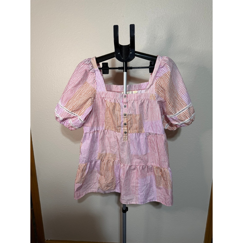 Maeve Anthropologie Striped Tiered Babydoll Top Pink Orange Puff Sleeve Medium
